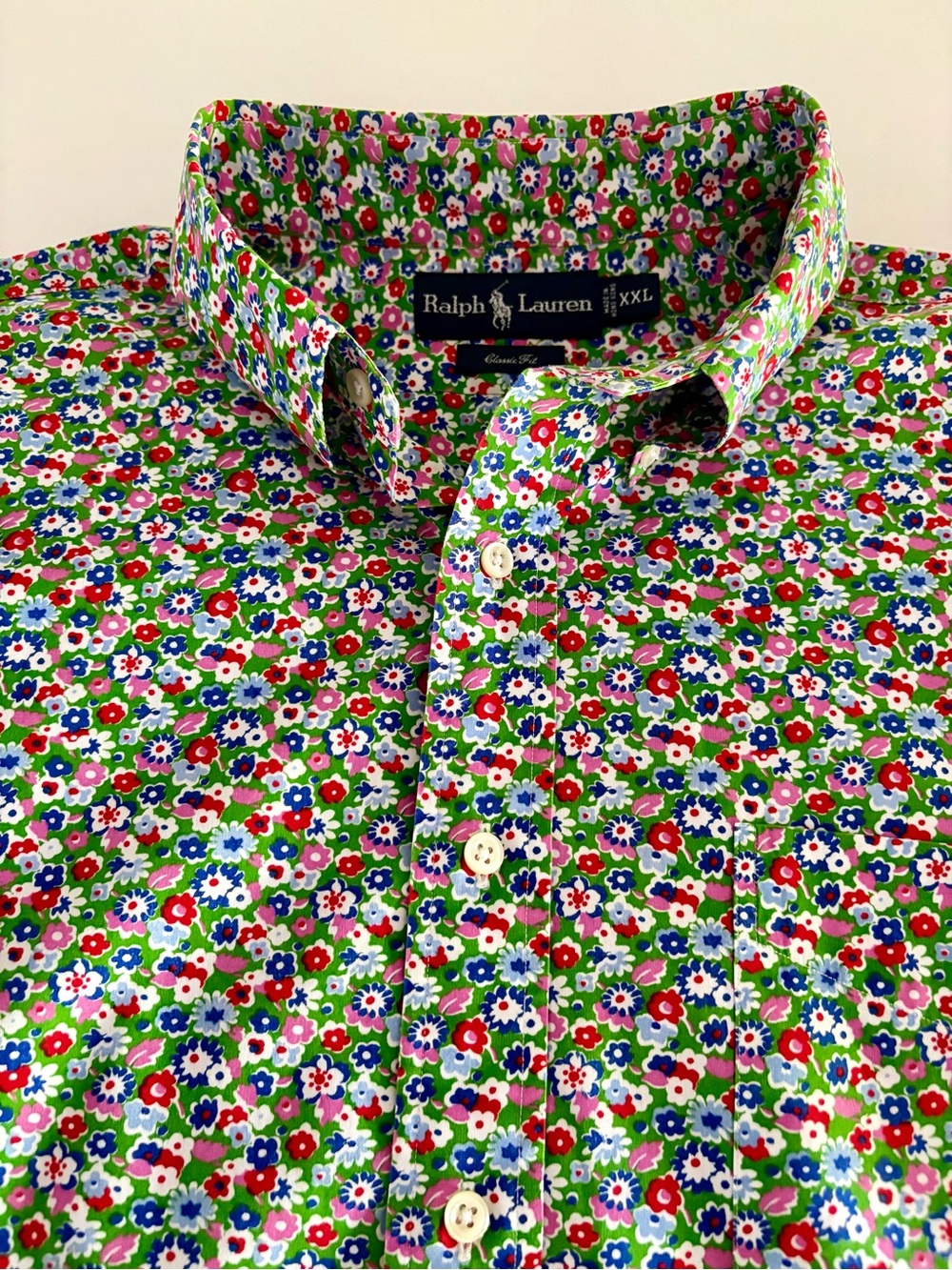 Ralph Lauren Green Floral Cotton Button Down Short Sleeve Shirt XXL